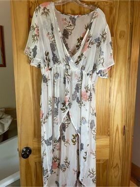 White Floral Sheer Swim Coverup with Pink Accents